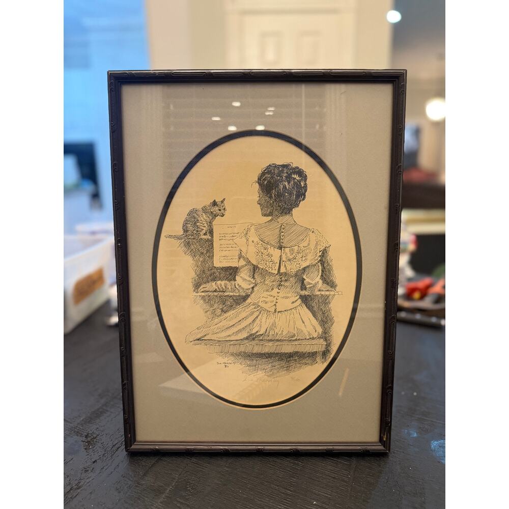 Vintage Sue Messerly Signed Pen Drawing - Girl at Piano with Cat (1988)